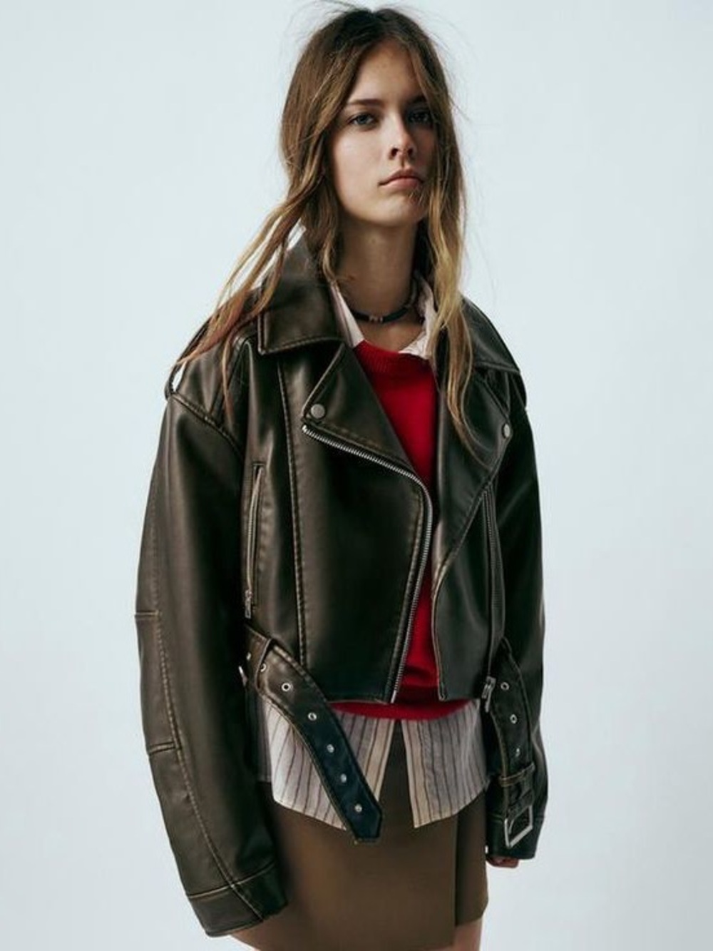 ZARA Olive Green Faux Leather Moto Jacket with Belt